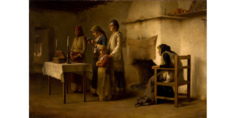 Th&#233;odore Jacques Ralli (Greek, 1852-1909) Praying before the communion at Megara 60.4 x 93.4 cm.