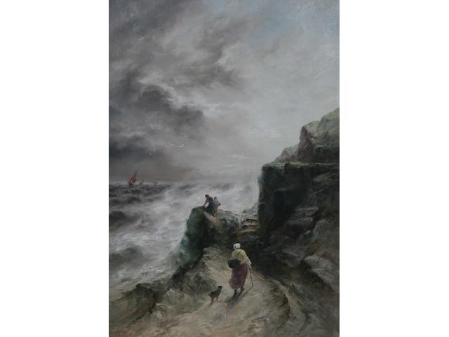 Sarah Louisa Kilpack (British, circa 1840-1909) A stormy coastal scene, figures on a coastal path looking out to sea towards fishing boats, signed, oil on canvas, 80 x 54.6cm.