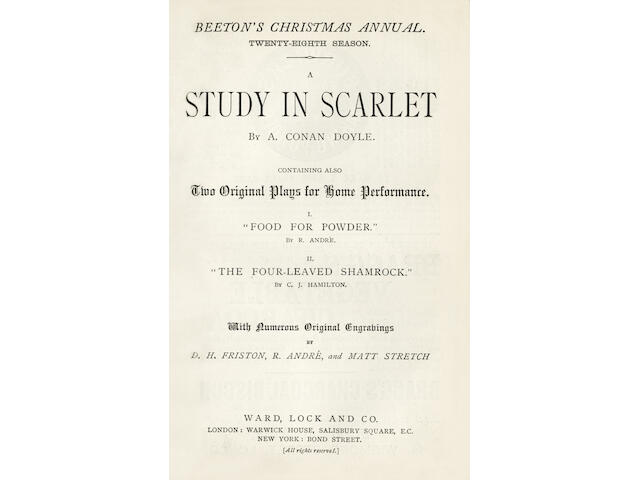 Doyle Arthur Conan A Study In Scarlet Containing Also Two Original Plays For Home Performance In Beeton S Christmas Annual Twenty Eighth Season First Printing Of The First Sherlock Holmes Story Bonhams