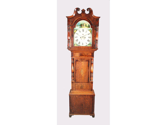 A large early Victorian oak, mahogany, rosewood crossbanded and inlaid longcase clock