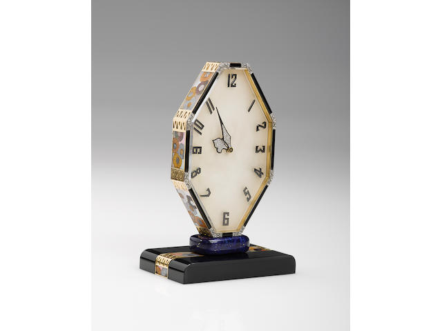 Vacheron Constantin. A very fine and rare, onyx, silver, lapis, agate, mother of pearl and diamond desk clock with 8 days power reserve Movement No. 386593, Verger Freres No. 9476, Circa 1920&#8217;s