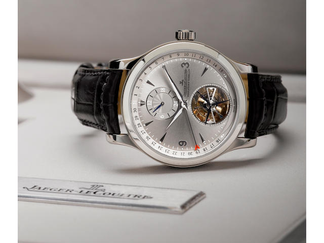 Jaeger LeCoultre. A fine Platinum PT 950 limited edition dual time zone tourbillon wristwatch with day night indication and calendarMaster Tourbillon, Ref: 165 64 50, limited edition of 171/300, Circa 2006