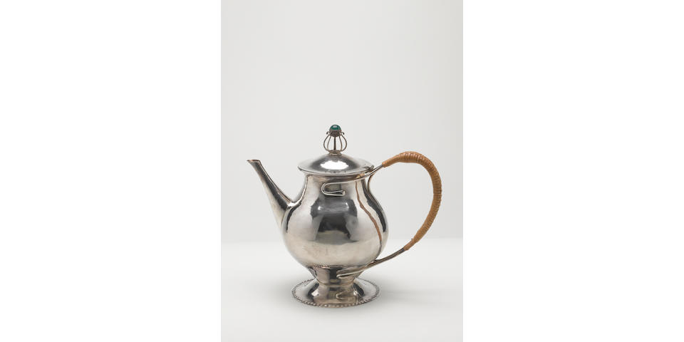 Charles Robert Ashbee for the Guild of Handicraft Ltd. A Silver and Chrysophrase Lidded Tea Pot, 1901