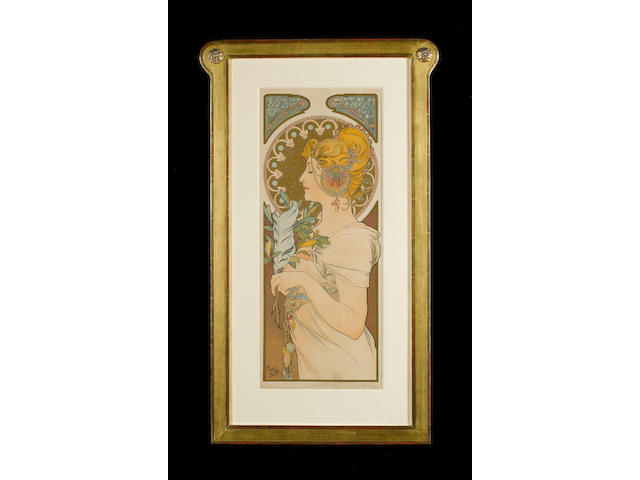 Alphonse Mucha (Czech, 1860-1939) The Quill Lithograph, 1899, printed in colours, on textured wove paper, signed in pencil, published by F Champenois, Paris, with margins; taped to back board at sheet corners, some tears and nicks at sheet edges, minor paper loss lower left and right corners, some creasing and damage to the surface of the paper along the top of the image,  445 x 220mm (17 1/2 x 8 3/4in)(I)