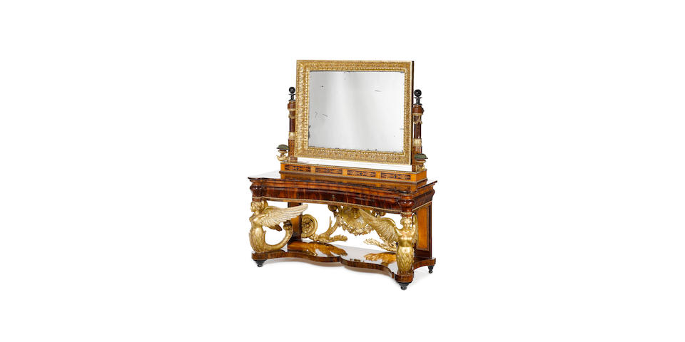 A Spanish early 19th century giltwood, fruitwood and marquetry console-table and mirror