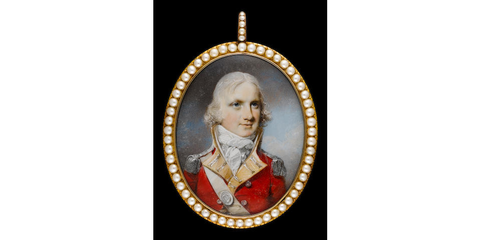 George Engleheart (British, 1750-1829) A Field Officer of the 86th Regiment of Foot, wearing red coatee with yellow facings and silver epaulettes, white cross belt, the belt plate bearing number 86, his hair powdered
