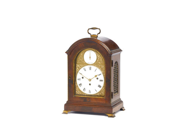 A good small late 18th century quarter chiming mahogany bracket clock with enamel dials John Taylor, London, the movement numbered 2264