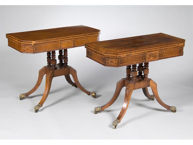 A matched pair rosewood and birds eye maple, boxwood stung card tables