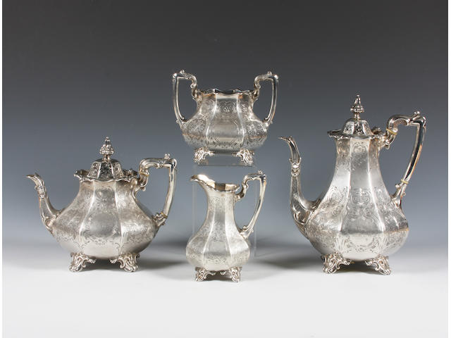 A Victorian silver four piece tea and coffee set By William Smily, London, 1859, with retailer's mark for A.B Savory and Sons, 11 & 12 Cornhill,  (4)