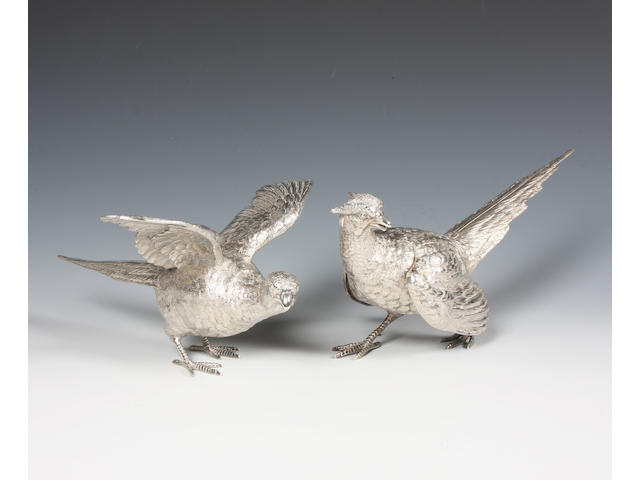 A pair of silver dining table ornaments modelled as pheasants By C J Vander, London, 1973,  (2)