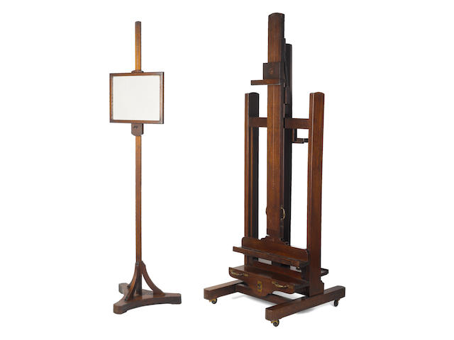 A mahogany double sided studio easel and a pedestal mirror, with provenance from Philip de Laszlo, Oswald Birley and John Leigh-Pemberton