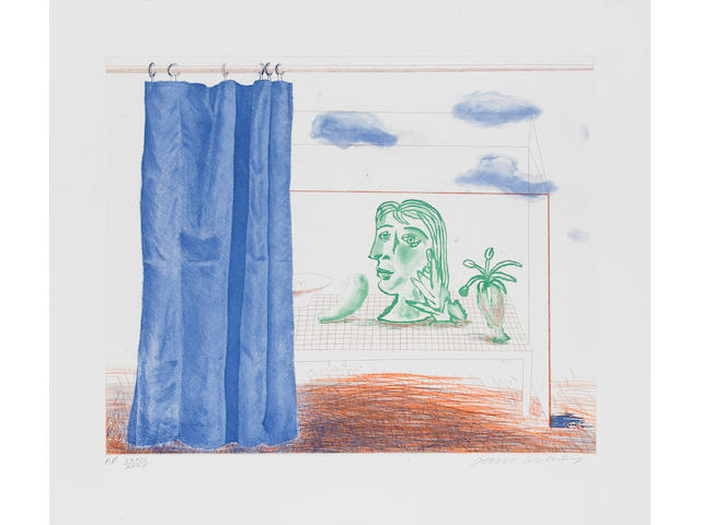 David Hockney R.A. (British, born 1937) The Blue Guitar The complete series of twenty etchings with aquatint, 1977, printed in colours, on Inveresk mouldmade paper, each signed, dated and inscribed 'AP XXXIII/XXXV' in pencil, published by Petersburg Press, New York and London, 343 x 425mm (13 1/2 x 16 3/4in)(PL), with the original cream leather portfolio (6 framed, 14 unframed) (Portfolio)