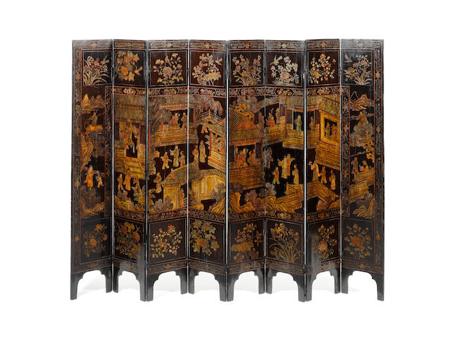 A late 18th/early 19th century Chinese export coromandel lacquer eight fold screen
