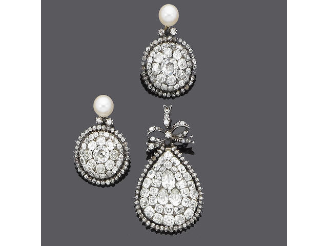 A 19th century diamond pendant and a pair of cultured pearl and diamond earrings, (2)