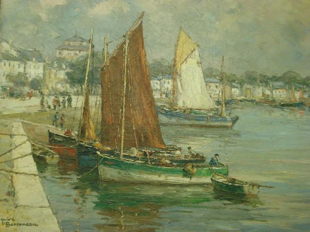 Andr&#233; Beronneau (French, 1896-1973) Harbour in Brittany 43 x 54cm.