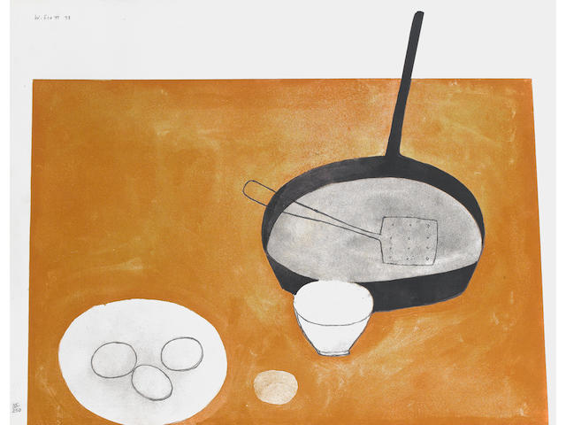 William Scott R.A. (British, 1913-1989) Still Life with Frying Pan and Eggs Screenprint, 1973, printed in colours, on wove, signed, dated and numbered 35/250 in pencil, printed at Kelpra Studio with their stamp on the reverse, published by CCA with their blindstamp, 672 x 883mm (26 1/2 x 34 3/4in)(SH)(unframed)