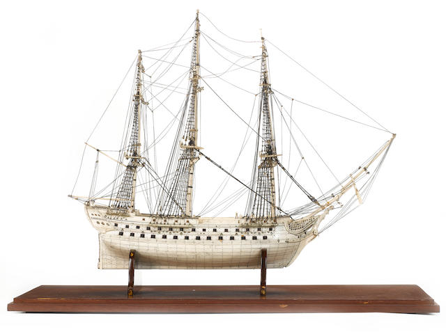 A fine Prisoner of War bone model of a 74 gun ship, 30.5x16x21.5in(78x41x55cm)