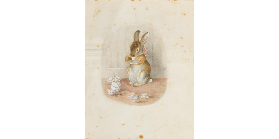 Beatrix Potter (British, 1866-1943) The little bunny drinking tea unframed