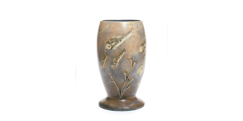 William Moorcroft 'Fish' a large salt-glazed footed vase, circa 1930