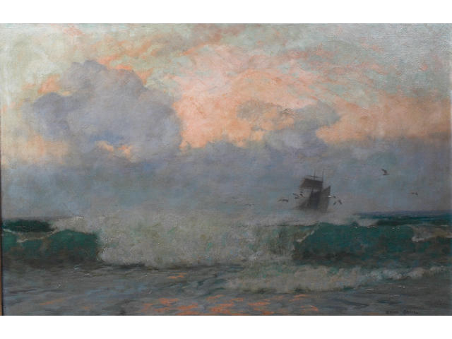Adrian Stokes (British 19th/20th Century) Coastal scene with waves breaking on the shore, a sailing ship beyond, on canvas, signed lower right, 60 x 91cm See colour illustration centre pages