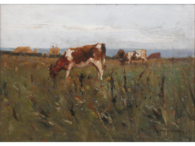 Sir John Alfred Arnesby Brown (British, 1866-1955) Cattle grazing in a meadow, on board signed lower right, 24.5 x 34.5cm See colour illustration centre pages