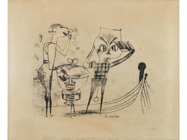 Paul Klee (Swiss, 1879-1940) Vulg&#228;re Kom&#246;die Lithograph, 1922, a proof, aside from the numbered edition of 10, on wove, signed 'K' in the plate, with the pencil addition of 'lee', the work number 100 in the plate, with the title and inscription 'Probedruck' lower margin in pencil, printed by Staatliches Bauhaus Weimar, 323 x 439mm (12 1/2 x 17 1/4in)(SH)