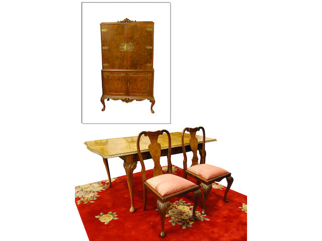 A walnut and figured walnut dining room suite, mid-20th Century Possibly by Waring & Gillow