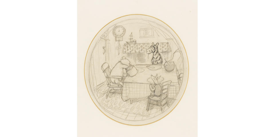 SHEPARD (E.H.) A fine large oval pencil drawing of Winnie-the-Pooh (reaching his hand into a honey pot), Tigger, and Piglet seated at a kitchen table