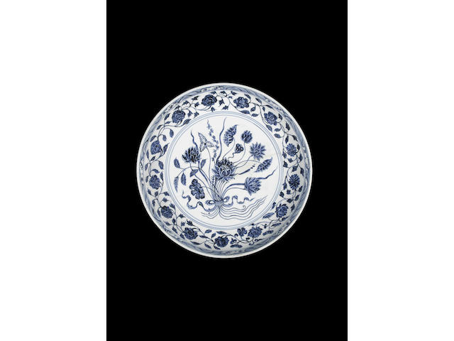 A large blue and white 'lotus bouquet' dish Yongle