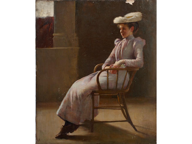 James Peter Quinn (Australian, 1870-1951) Full length seated study of a young woman in an interior, on canvas, unframed, signed lower right, 66 x 55.5cm See colour illustration centre pages