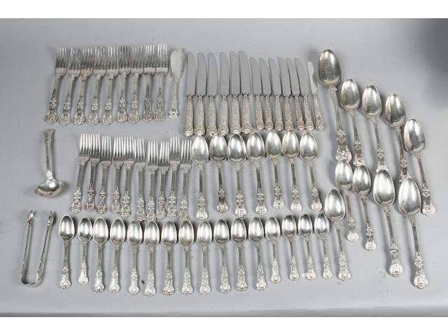 A late 19th century silver Queen pattern part canteen, London 1897