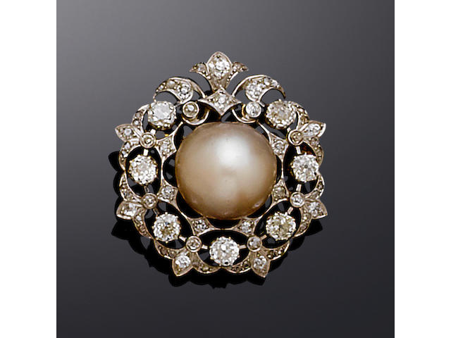 A late 19th century pearl and diamond brooch,