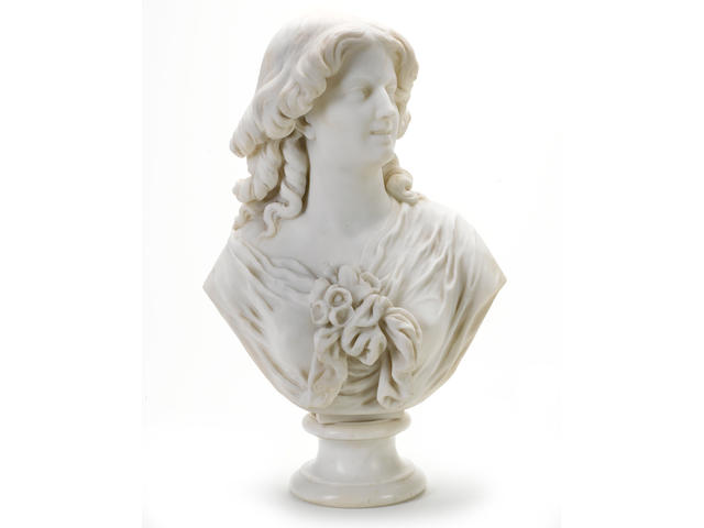 Jean-Baptiste Clesinger (French, 1814-1883) : A carved white marble bust of a young woman