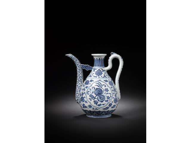 A fine and rare blue and white pear-shaped ewer Qianlong seal mark and of the period