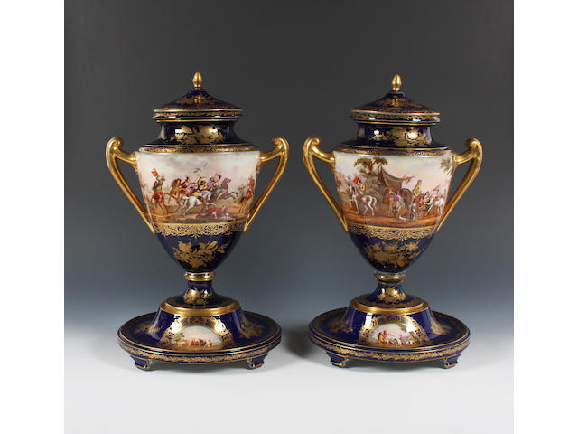 A pair of Vienna style vases, covers and stands Late 19th Century