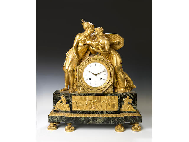 A 19th century French ormolu and green figural marble mantel clock A Paris