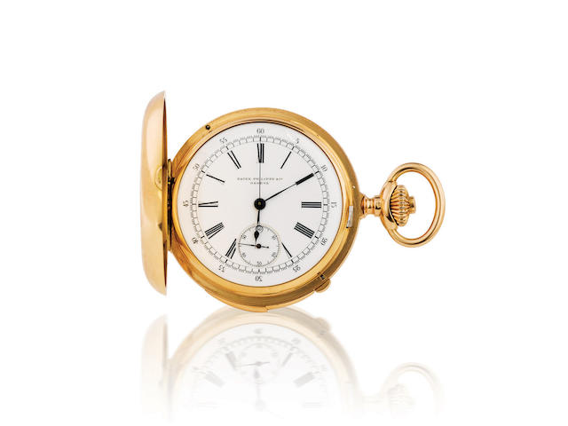 Patek Philippe. An 18ct gold hunter chronograph with minute repeater pocket watch Case no. 207681, Circa 1920s