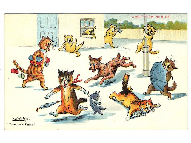 Cats A collection of Louis Wain cards, used and unused, in two ring bound albums inc. undivided backs, Valentine, Mack, Davidson, Hartmann Manx, Wrench, Beagles, Faulkner, Tuck "Write Away", Humorous, Mazawattee Tea, Davis, Salmon etc., F-EX.