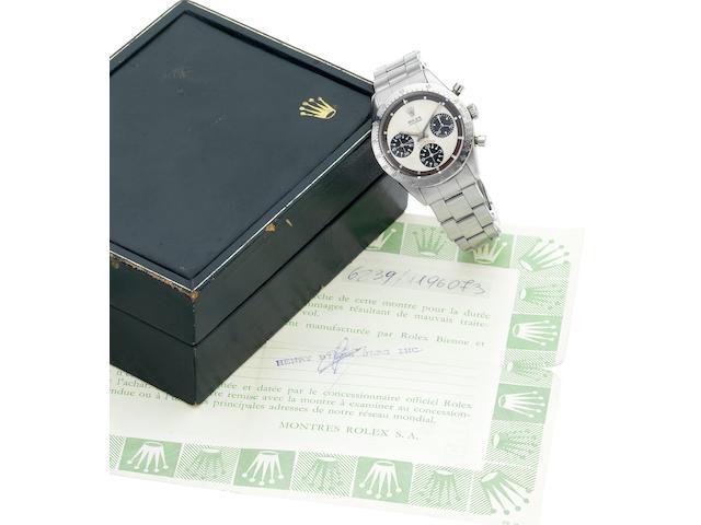 Rolex. A fine and rare stainless steel chronograph wristwatch with Rolex box and papersCosmograph Daytona, "Paul Newman", Ref.6239, Circa 1966