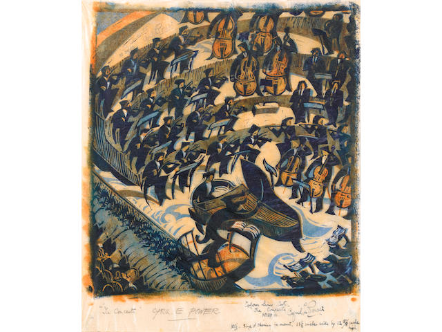 Cyril Edward Power (British, 1872-1951) The Concerto Linocut, c.1935, printed in light yellow, orange and light blue, on buff oriental laid tissue, signed, titled and numbered 20/60 in pencil upper left, also signed and titled in pencil lower left margin, with black ink annotations from the artist lower right margin, "Colour linocut The Concerto No. 20/60, Cyril Power.  Note size of opening for mount 11 1/2 inches wide by 12 5/8 inches high", 380 x 330mm (15 x 11 3/4in)(SH)