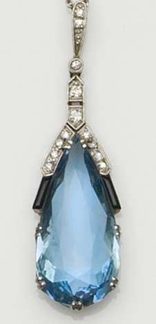 An Art Deco aquamarine, onyx, and diamond pendant