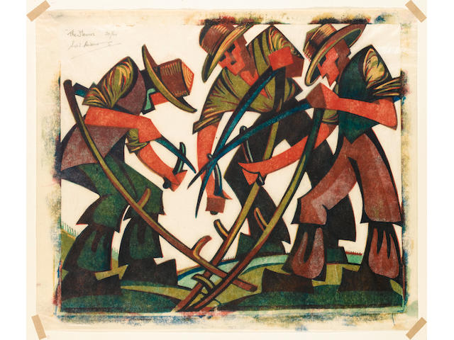 Sybil Andrews, CPE (British/Canadian, 1898-1993) Mowers Linocut, 1937, printed in raw sienna, red, viridian and Chinese blue, on buff oriental laid tissue, signed, titled and numbered 20/60 in pencil top left, 337 x 394mm (13 1/3 x 1 1/2in)(SH)