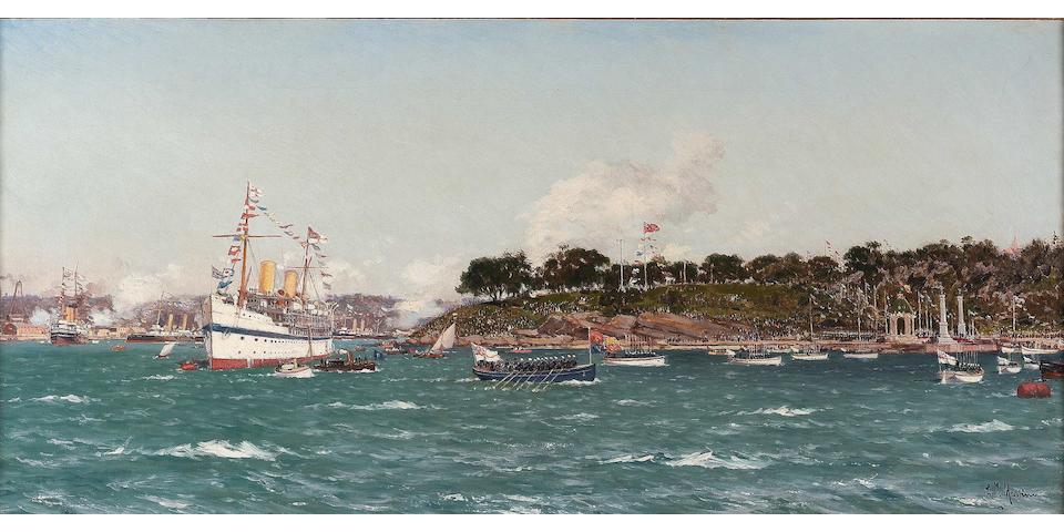 Edoardo de Martino (Italian, 1838-1912) The chartered Royal Yacht &#8220;Ophir&#8221; disembarking Their Royal Highnesses The Duke and Duchess of York in Sydney Harbour on 6th May 1901, signed 'E.de Martino' (lower right), oil on canvas. 14x30in(35.6x76.2cm)
