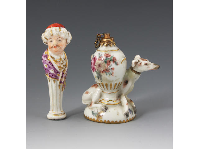 An English porcelain pipe stopper and a Chelsea scent bottle Circa 1820 and Mid 18th Century.