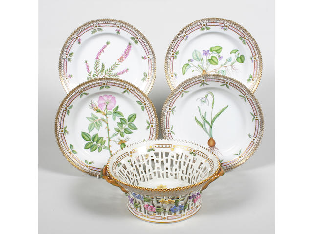 A set of four Royal Copenhagen 'Flora Danica' dessert plates and a dessert basket Circa 1985-1991