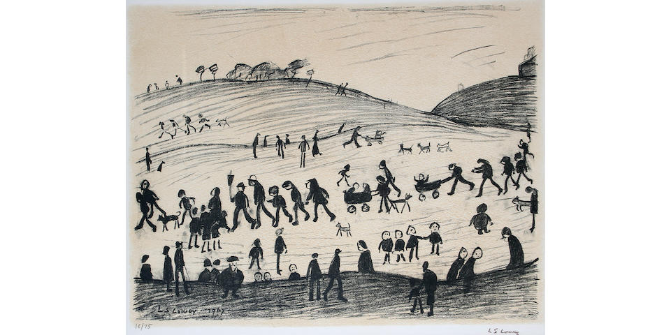Laurence Stephen Lowry, R.A. (British, 1887-1976) "A Hillside", signed and numbered 16/75, lithograph, 49 x 61.5 cm,