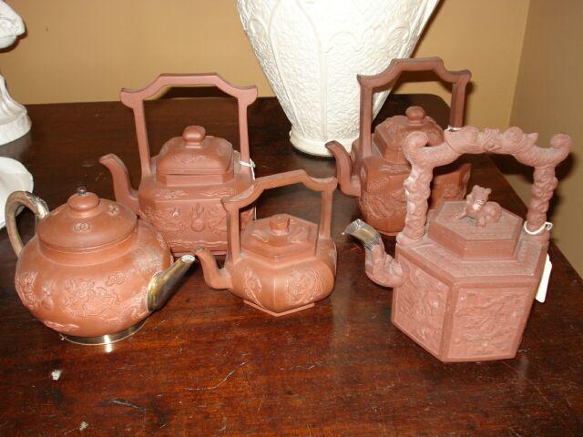 Chinese red stoneware teapots:-