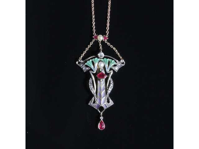 An Art Nouveau gold, diamond and plique-a-jour enamel pendant Unmarked, the chain with Russian import marks for 1896-1908,