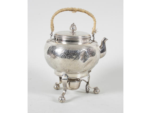 A Victorian silver kettle with stand and burner Maker's mark 'C.F', Sheffield, 1873,