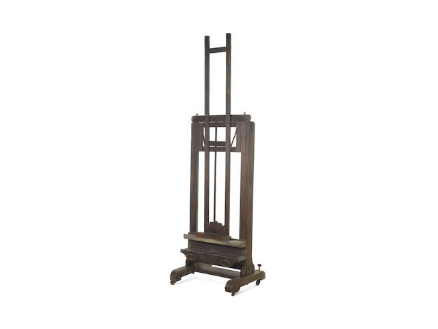 A large late 19th Century oak H-frame studio easel